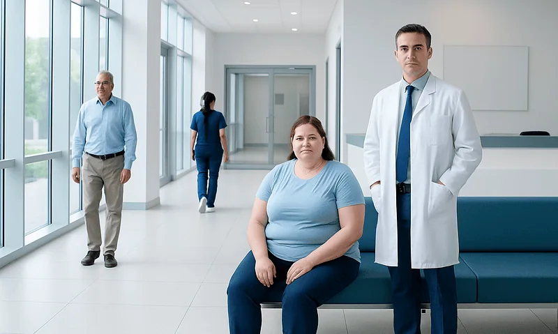 Patient and doctor in hospital corridor at Acibadem Hospitals Group.
