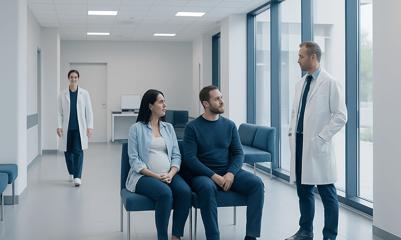 Patient consultation in a modern IVF clinic with doctor and couple.