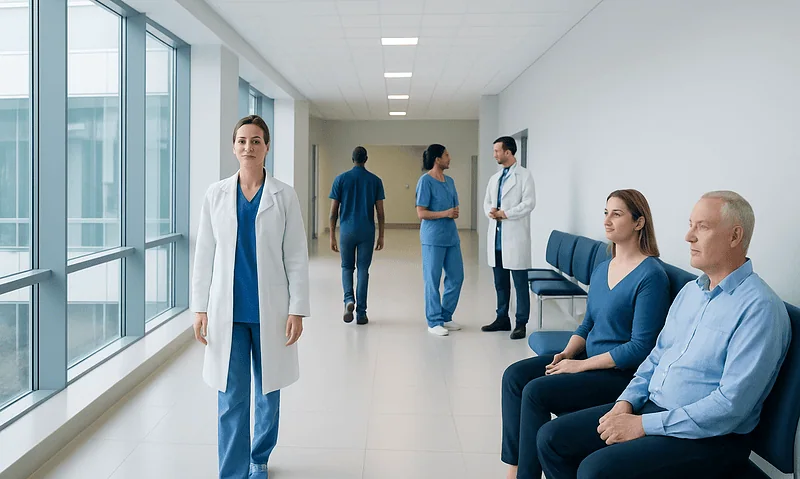 Medical professionals and patients in a hospital corridor at Acibadem Hospitals Group.