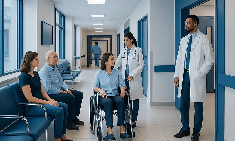 Hospital corridor with medical staff and patients, including a woman in a wheelchair.