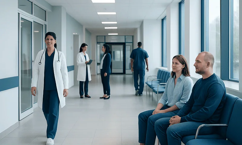 Modern hospital corridor with medical staff and patients waiting.