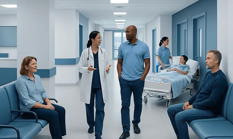 Hospital corridor with medical staff and patients in a healthcare setting.