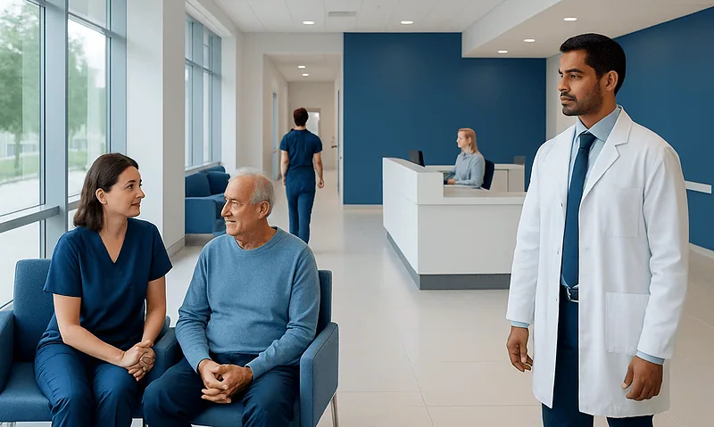 Patient and nurse talking in hospital waiting area with doctor nearby.