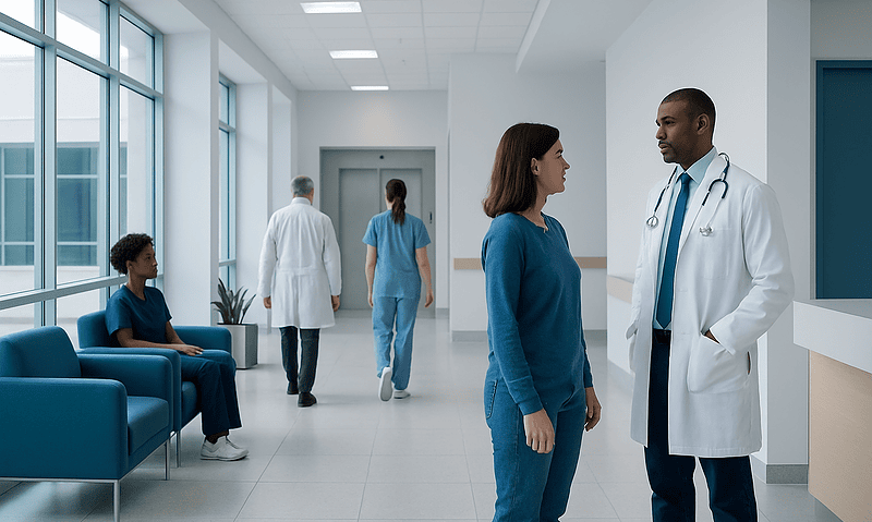 Medical professionals and patients in a hospital corridor.