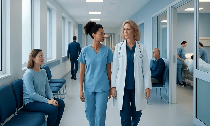 Healthcare professionals and patients in a hospital corridor.