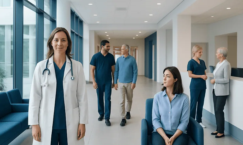 Healthcare professionals and patients in a modern hospital corridor.
