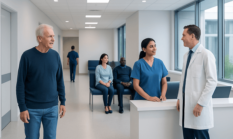 Patients and medical staff in a modern hospital corridor.
