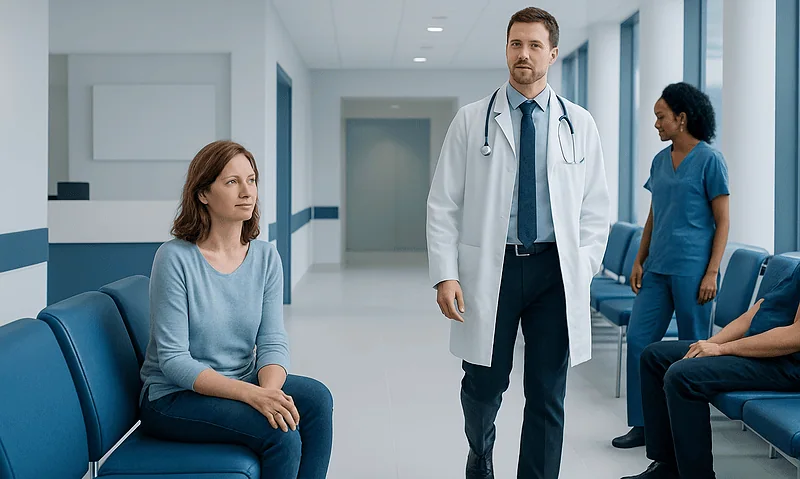 Doctor consulting female patient in hospital corridor.
