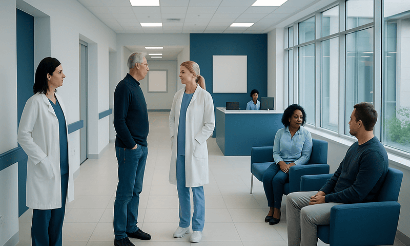 Medical team consulting patients in a modern hospital corridor.