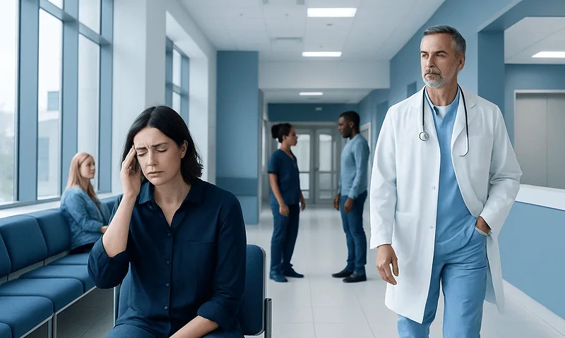 Patient experiencing headache in hospital corridor with doctor nearby.