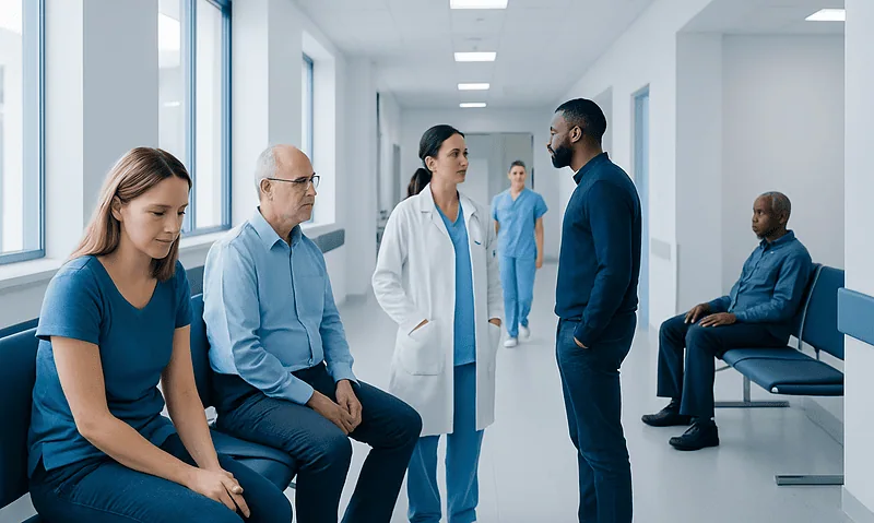 Medical consultation in hospital corridor with diverse healthcare professionals.