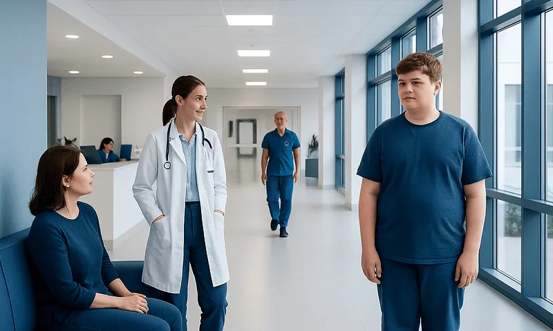 Adolescent patient and healthcare professionals in hospital corridor.