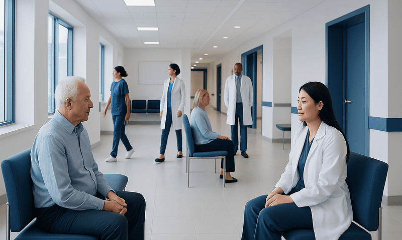 Medical consultation in a hospital corridor with doctors and patients.
