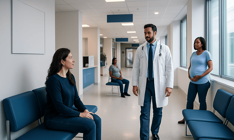 Doctor consulting with a patient in a hospital corridor with seating area.