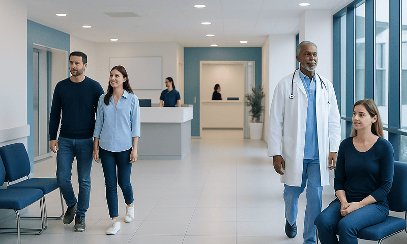 Diverse medical team and patients in a modern hospital lobby.