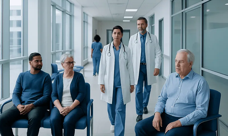 Patients waiting in hospital corridor with medical staff nearby.