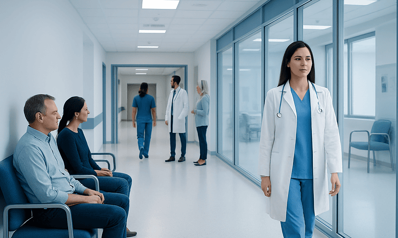 Medical staff and patients in a modern hospital corridor.