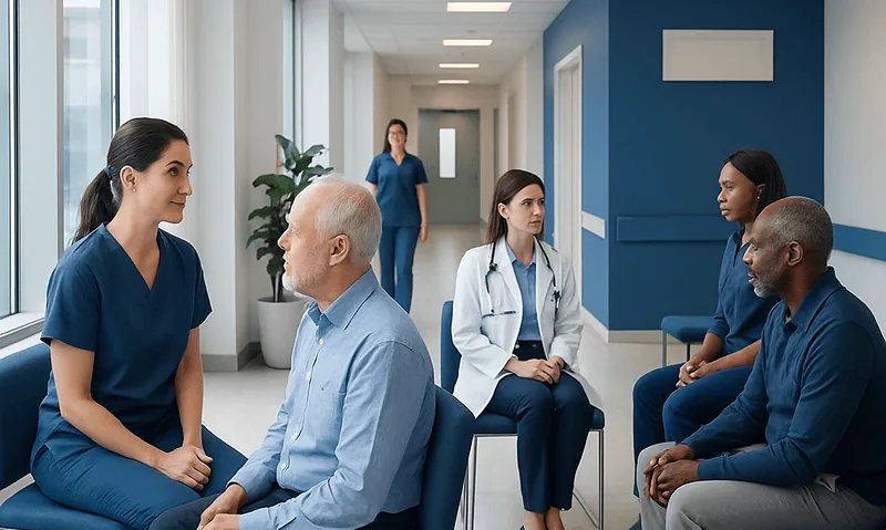 Patients and healthcare professionals in a hospital waiting area.
