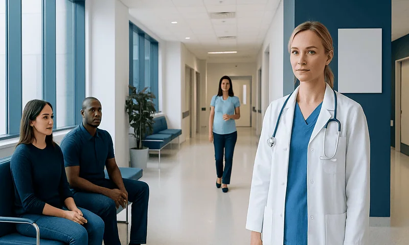Medical consultation in a modern hospital corridor with doctor and patients.