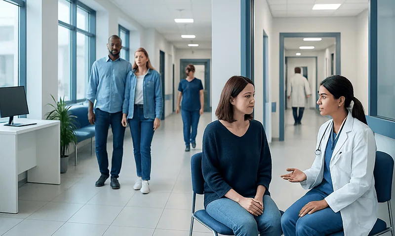 Patients consulting with a doctor in a modern hospital corridor.
