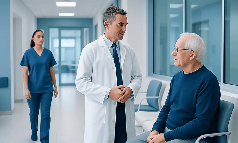 Dental Clearance Before Heart Bypass Surgery: Infection Risk and Preparation 4 Doctor consulting with elderly patient in hospital corridor with nurse nearby.