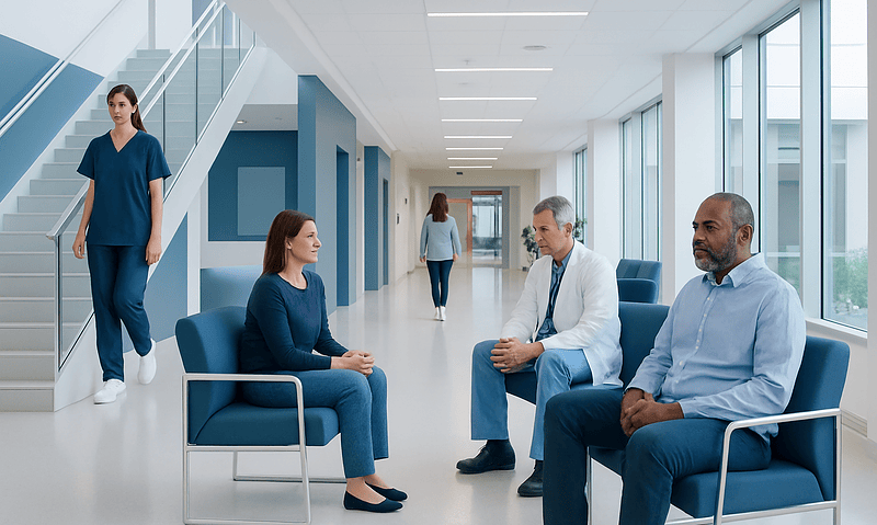 Medical consultation in a modern hospital corridor with healthcare professionals.