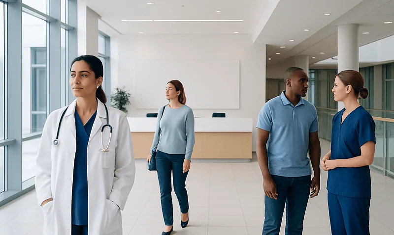Medical professionals and a doctor in a modern hospital corridor.