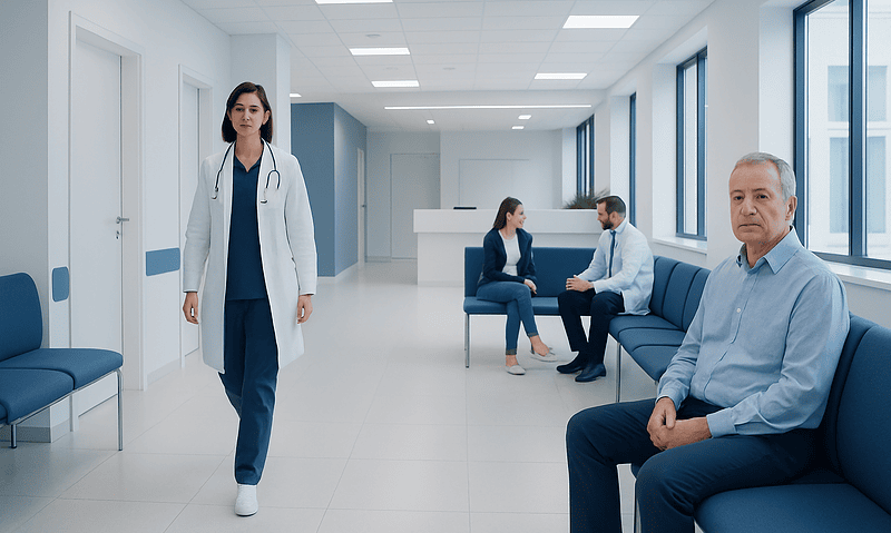 Medical staff and patients in a modern hospital corridor.