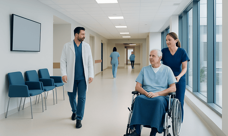 Healthcare professionals assisting a patient in a wheelchair in a hospital corridor.