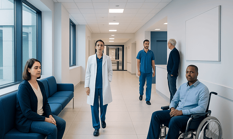 Medical staff and patient in hospital corridor at Acibadem Hospitals Group.