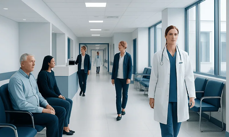 Medical staff and patients in a hospital corridor at Acibadem Hospitals Group.