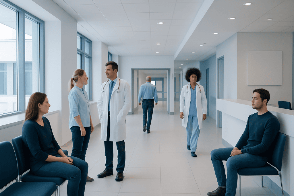 Empty Follicle Syndrome in IVF: Causes, Cycle Management, and Next Steps 1 Medical staff and patients in a modern hospital corridor.
