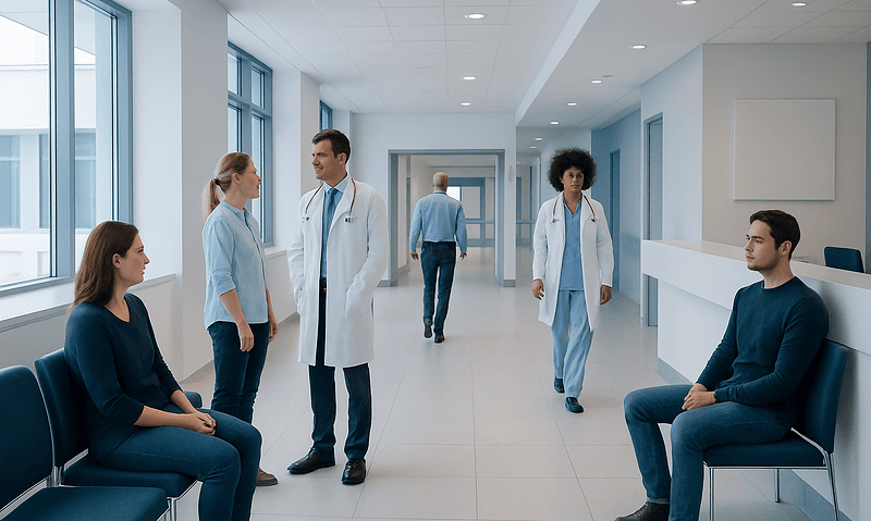 Medical staff and patients in a modern hospital corridor.