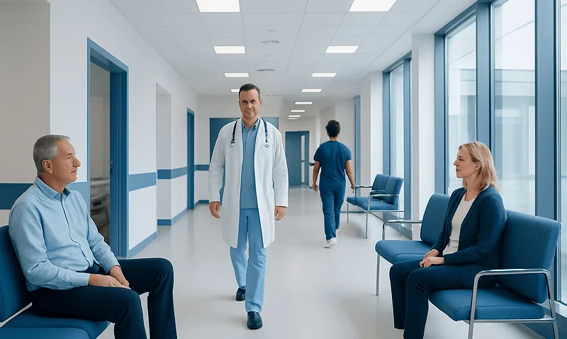 Doctor walking in hospital corridor with patients waiting.