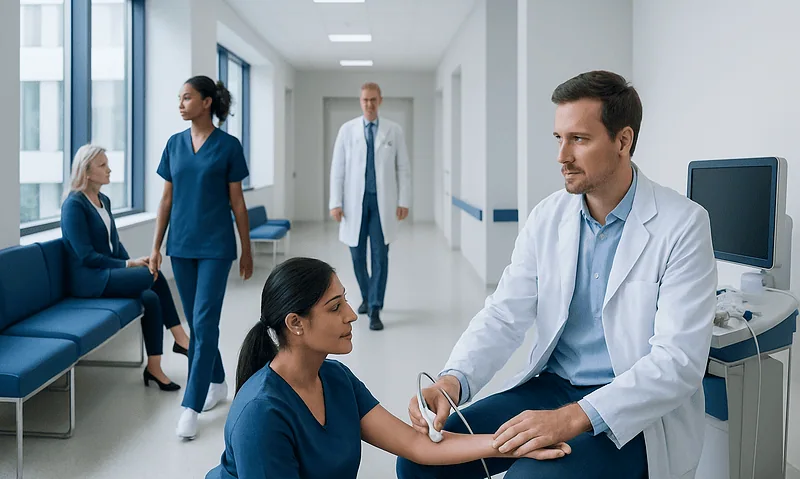 Doctor performing nerve ultrasound on patient in hospital corridor.