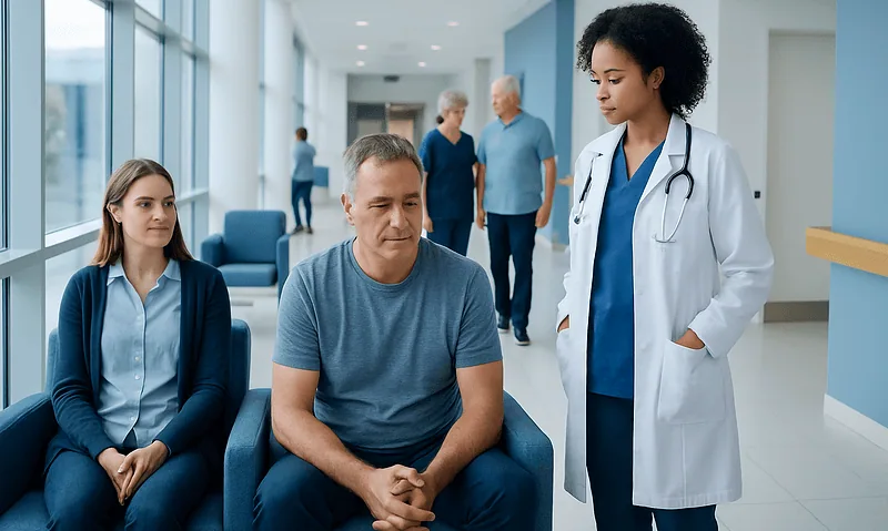 Patient consulting with a doctor in a hospital waiting area.