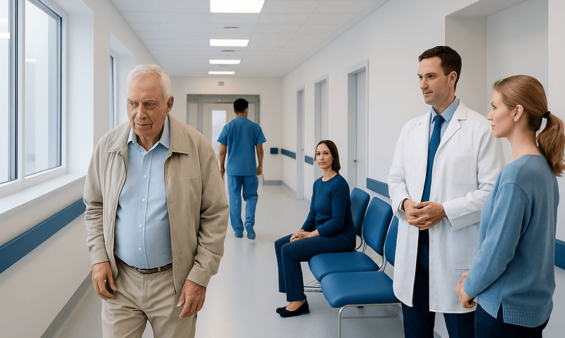 Patients and doctors in a hospital corridor, waiting area with chairs.