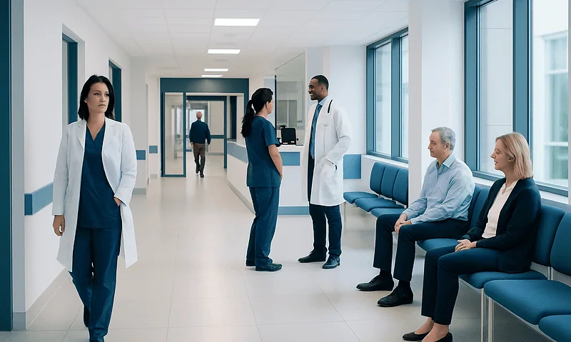 Medical professionals and patients in a hospital corridor.
