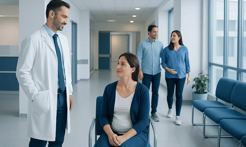 Doctor consulting a patient in a hospital corridor with visitors in the background.