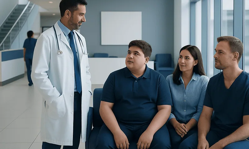 Doctor consulting with adolescent patient and family in hospital setting.