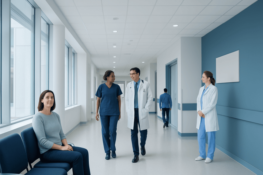 Time-Lapse Embryo Imaging in IVF: Benefits, Limits, and Patient Selection 1 Medical team consulting in a modern hospital corridor.