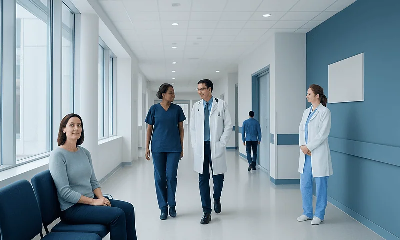 Medical team consulting in a modern hospital corridor.