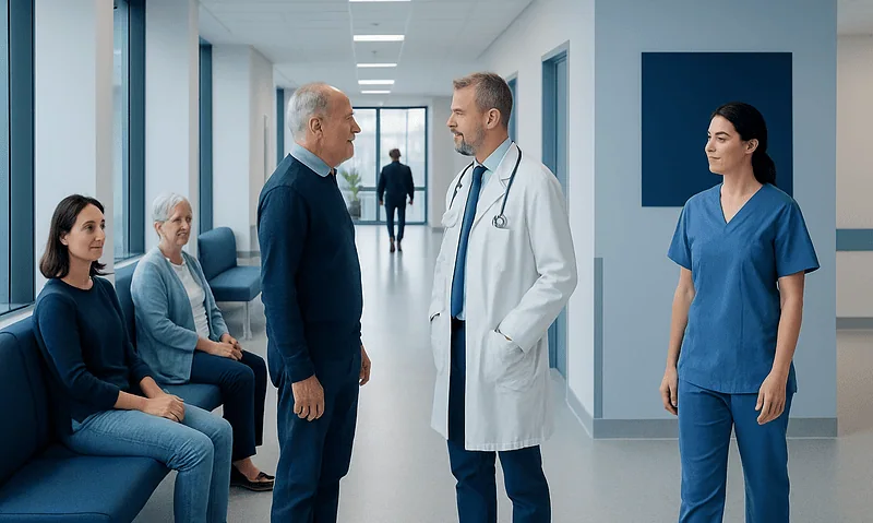 Doctor consulting with elderly patient in hospital corridor with staff and visitors.