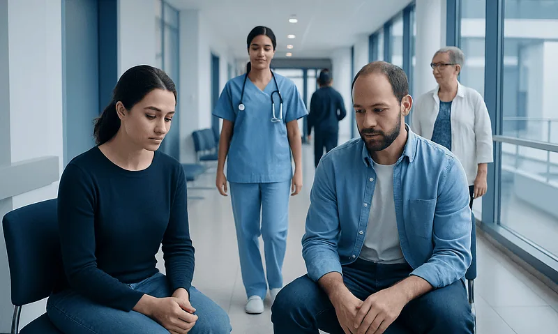 Patients and healthcare professionals in a hospital corridor.