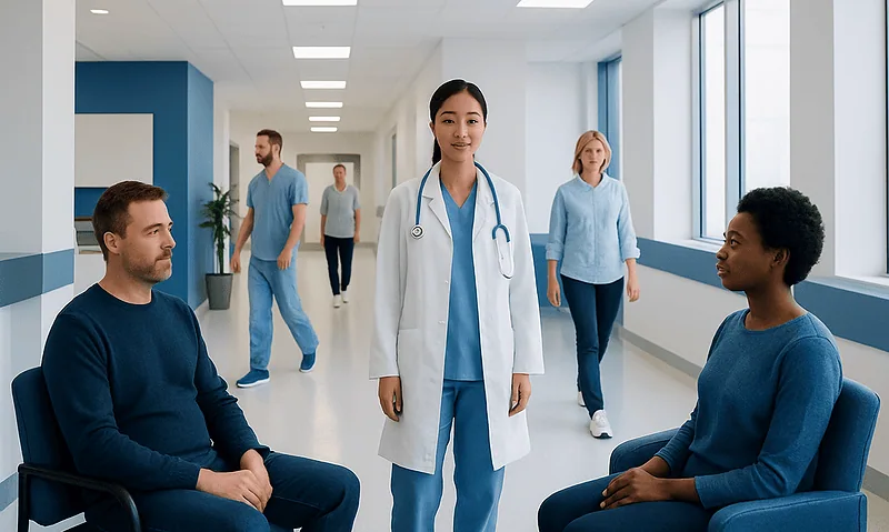 Medical professionals and patients in a hospital corridor at Acibadem Hospitals Group.