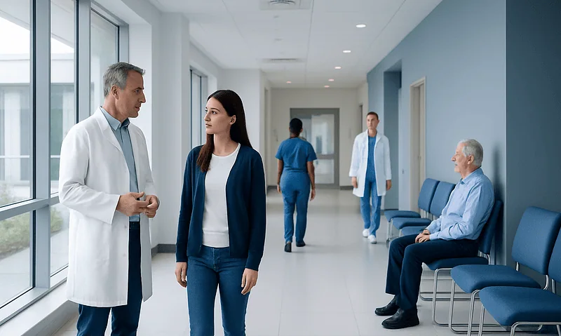 Doctor consulting with a patient in hospital corridor.