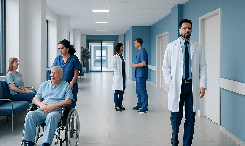 Medical staff and patient in hospital corridor with wheelchair and doctors.