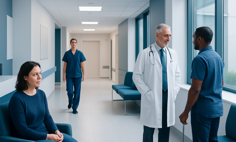 Medical team discussing patient care in hospital corridor.