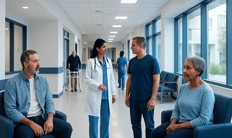 Patients and doctor in hospital corridor discussing health concerns.