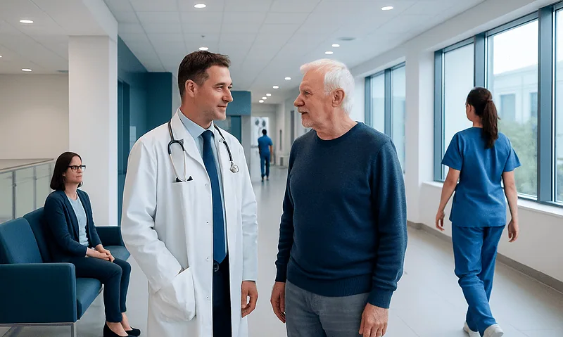 Doctor talking to an elderly patient in hospital corridor with staff in background.